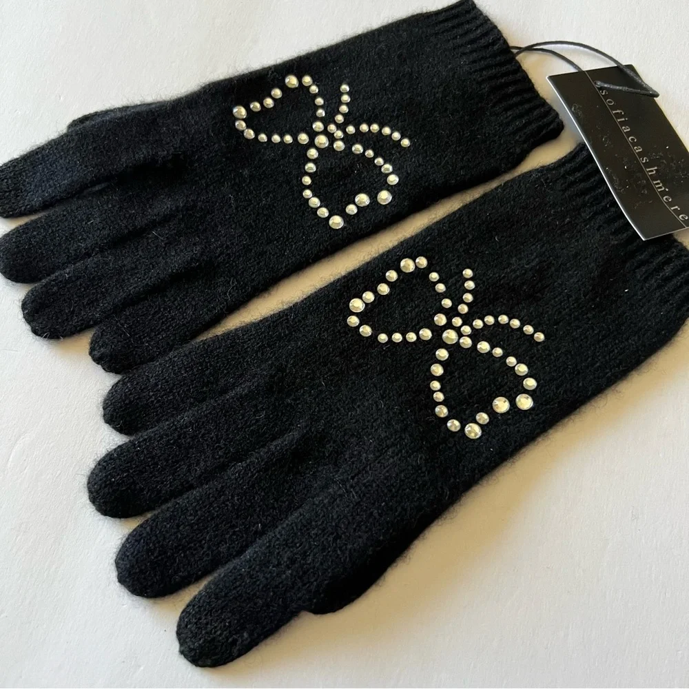 SOFIA CASHMERE SILVER CRYSTAL STUD EMBELLISHED CASHMERE GLOVES BLACK OS NWT